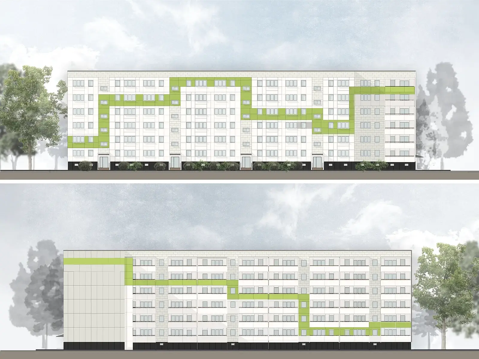 Fassadenansichten mit farbig abgesetzten Feldern – Massower Straße, Fassade und Aufstockung, Berlin-Lichtenberg
