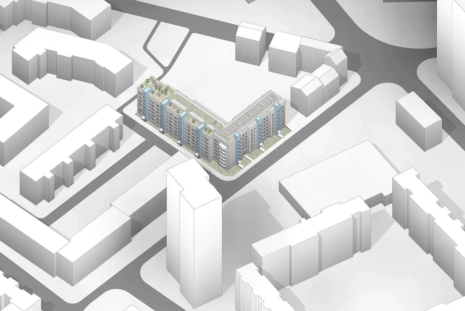 Axonometrie mit Dachterrasse, Gründach und PV – Massower Straße, Fassade und Aufstockung, Berlin-Lichtenberg
