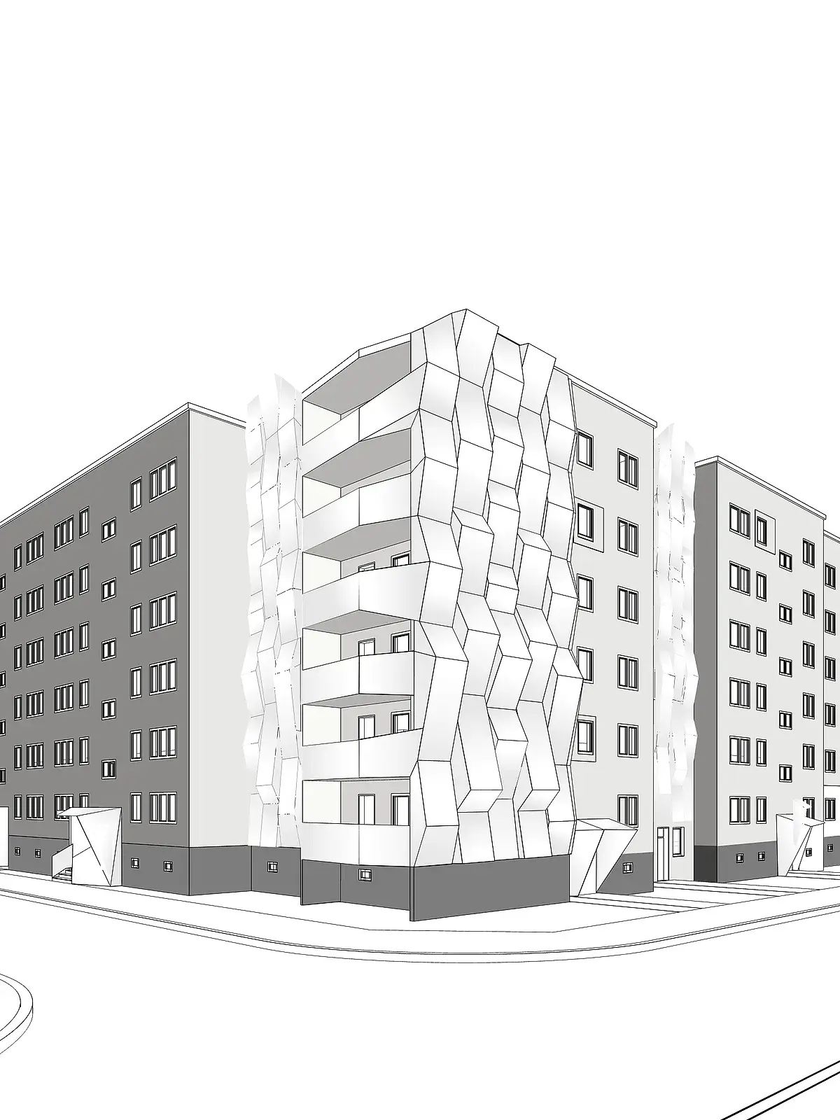 Studie der Gebäudeecke – Massower Straße, Fassade und Aufstockung, Berlin-Lichtenberg