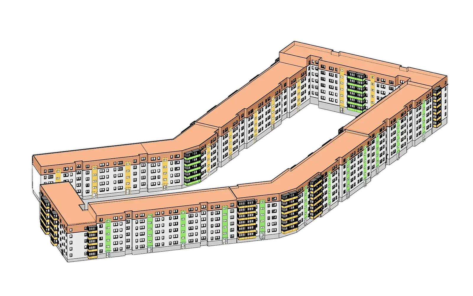 BIM-Gebäudemodell eines Wohnblocks mit farbig markierten Bauteilen