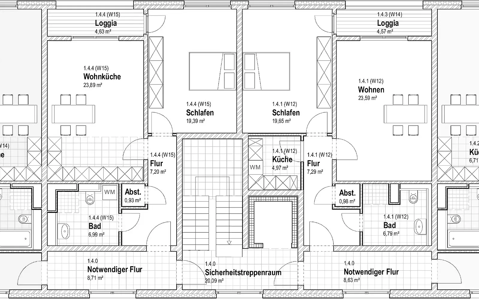 Ausführungsplan mit Wohnungsgrundrissen, Bemaßung und Raumstempeln