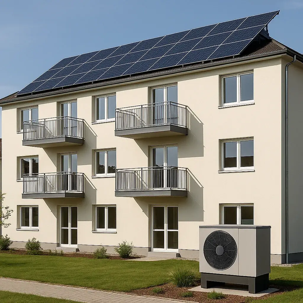 Wärmepumpe an einem energetisch sanierten Mehrfamilienhaus