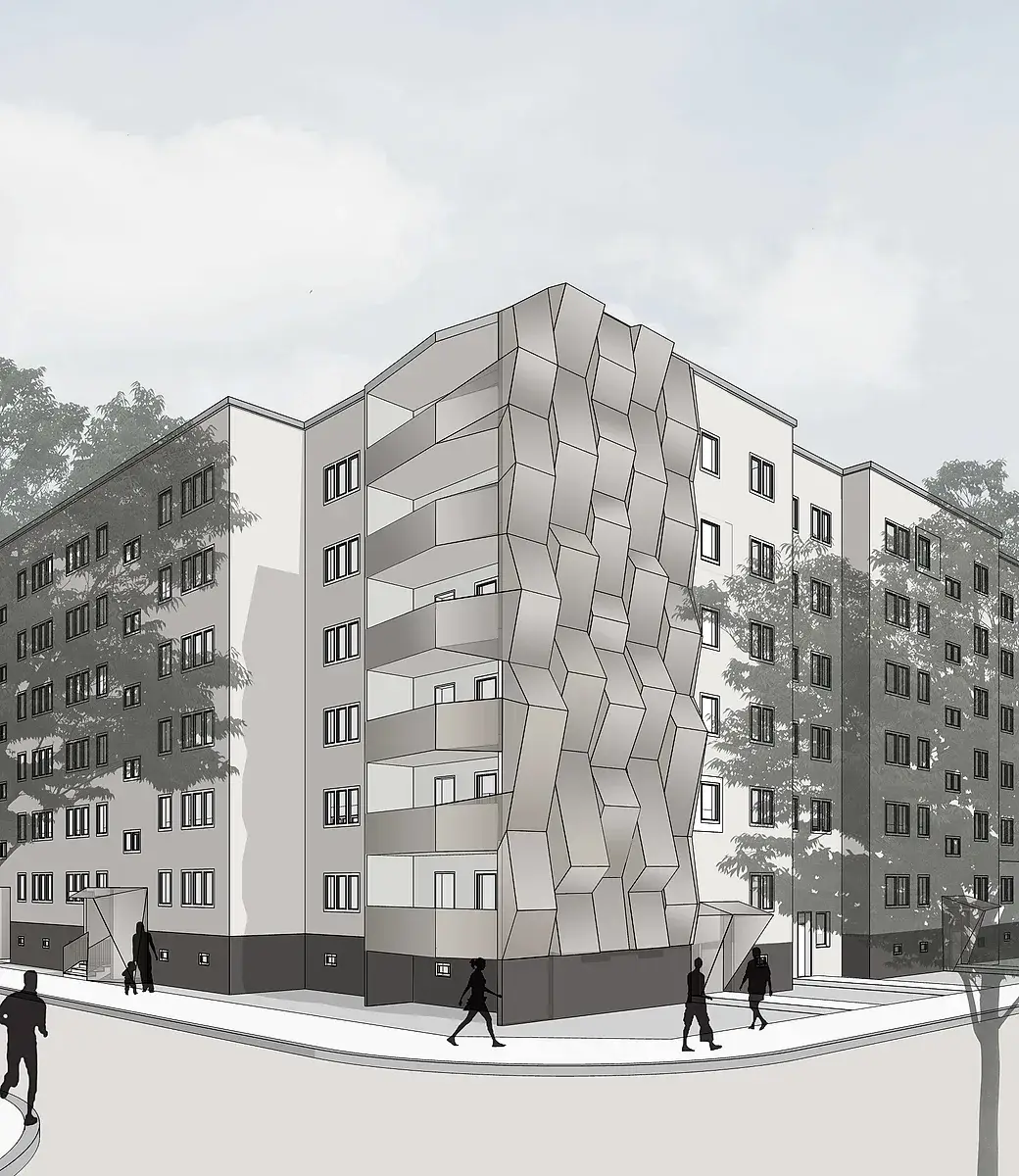 Visualisierung einer Fassadensanierung mit plastisch gefalteter Eckfassade