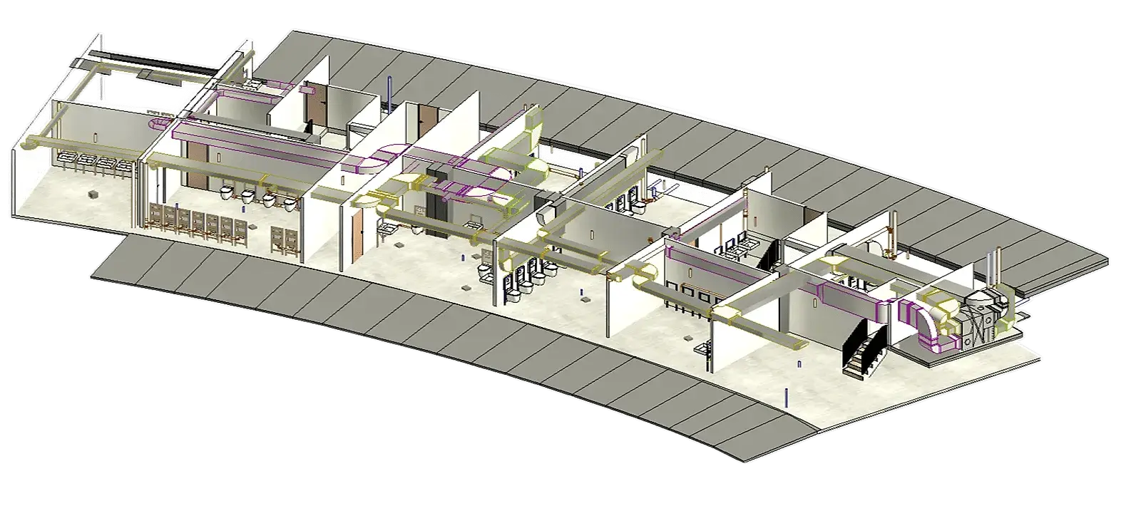 TGA-Modell mit Lüftungskanälen und Sanitärinstallation