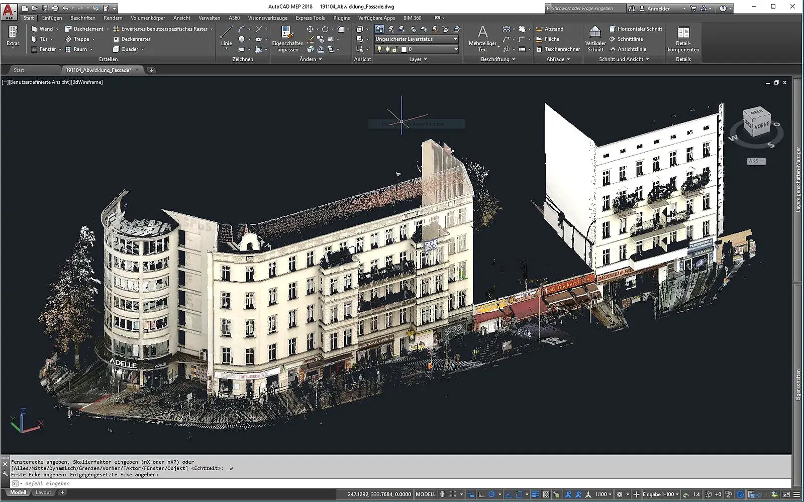 Eingefärbte Punktwolke einer Altbaufassade im CAD-Programm